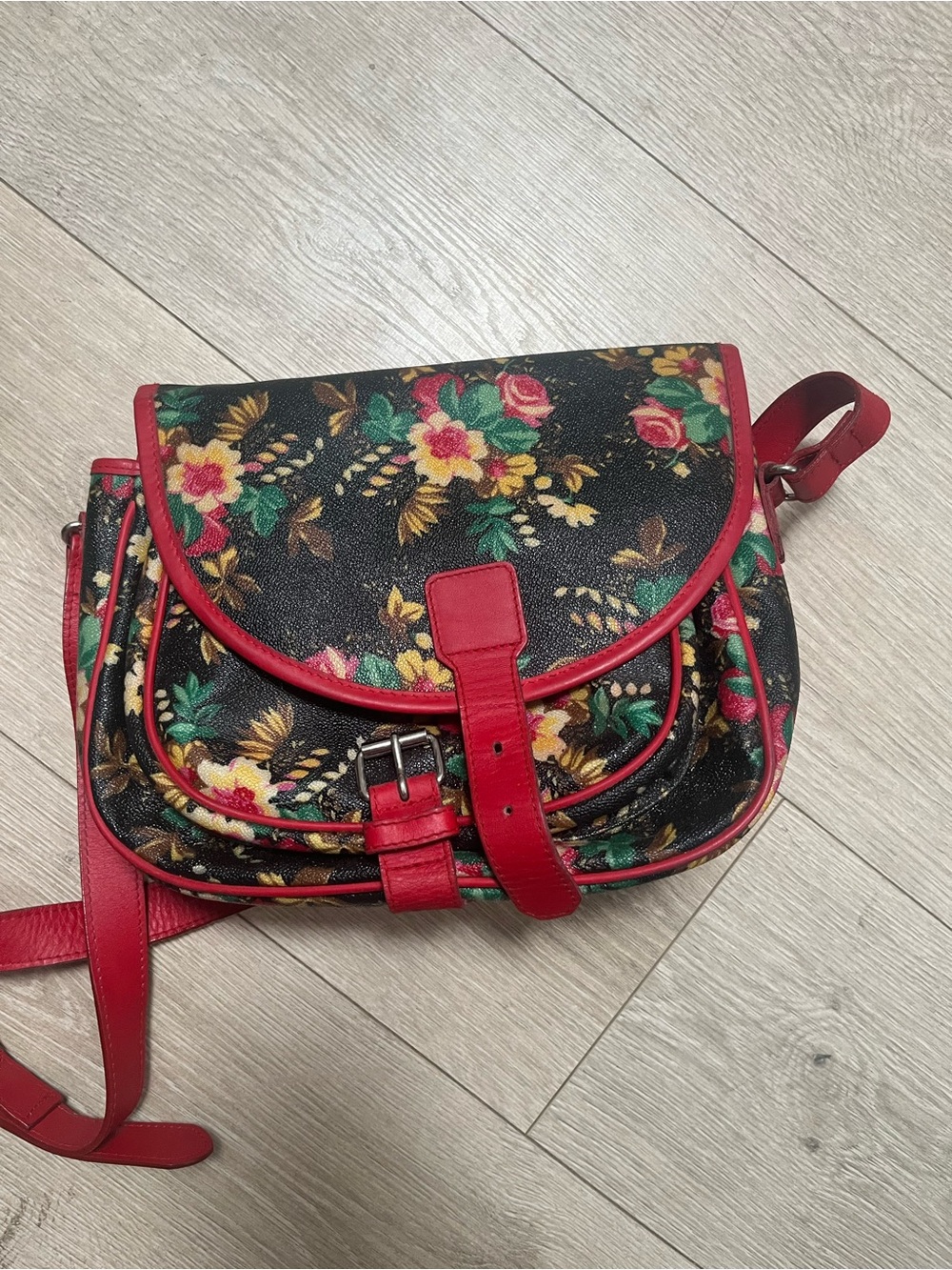 Kenzo Black Floral Crossbody Bag with Red Leather Trim and Plaid Interior - Picture 6 of 8